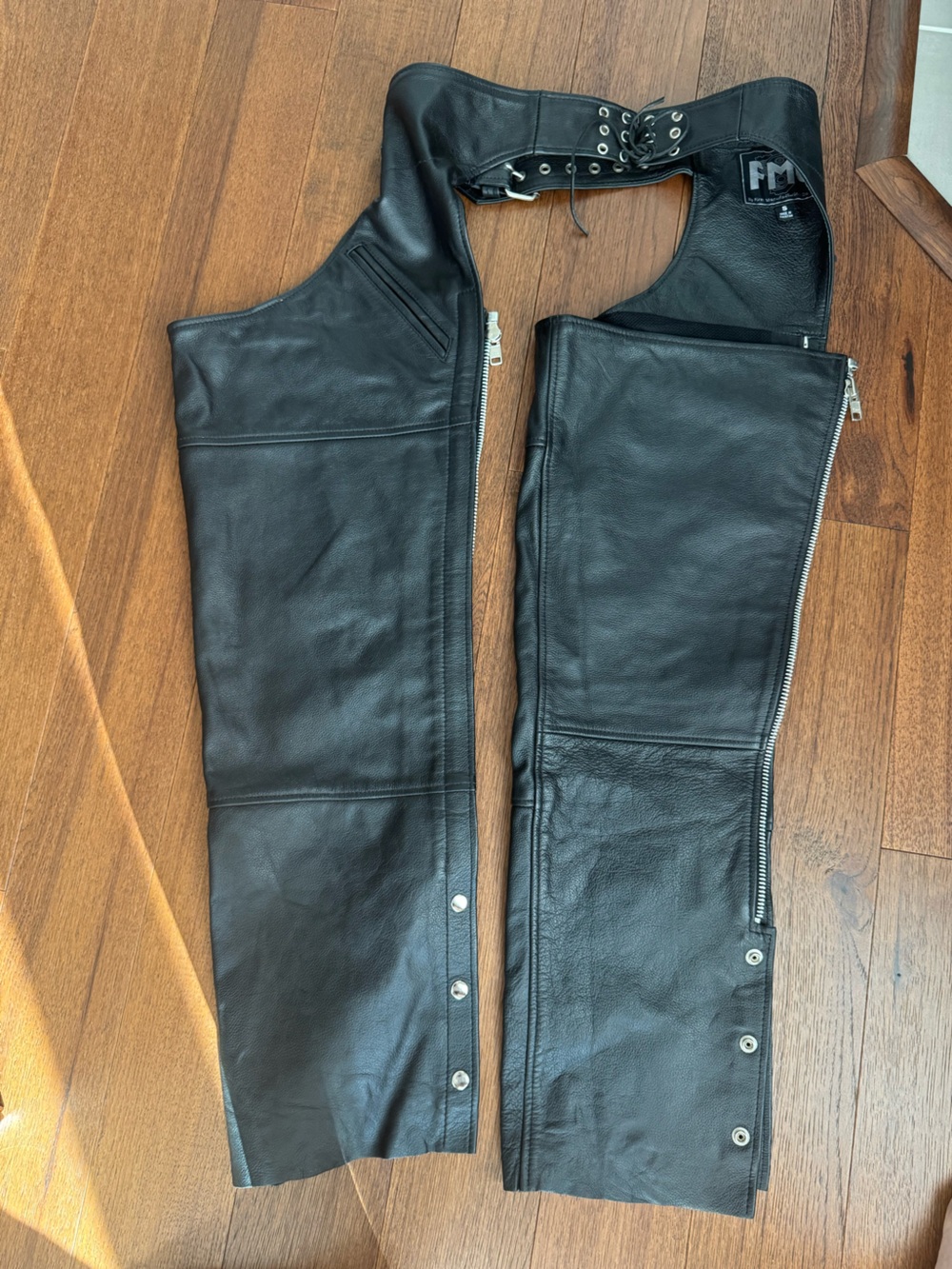 Black Leather Motorcycle Chaps with Waist Lacing